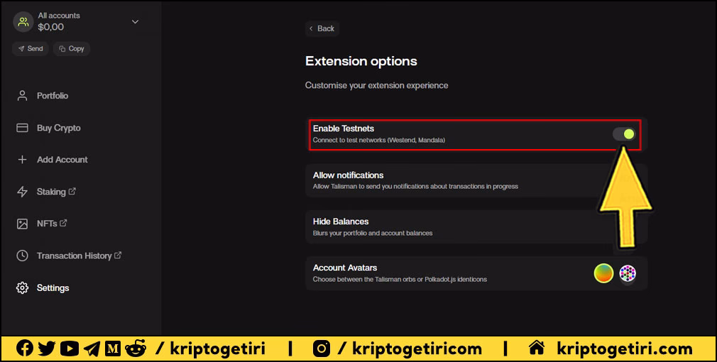 talisman testnet ağlarını g&ouml;ster
