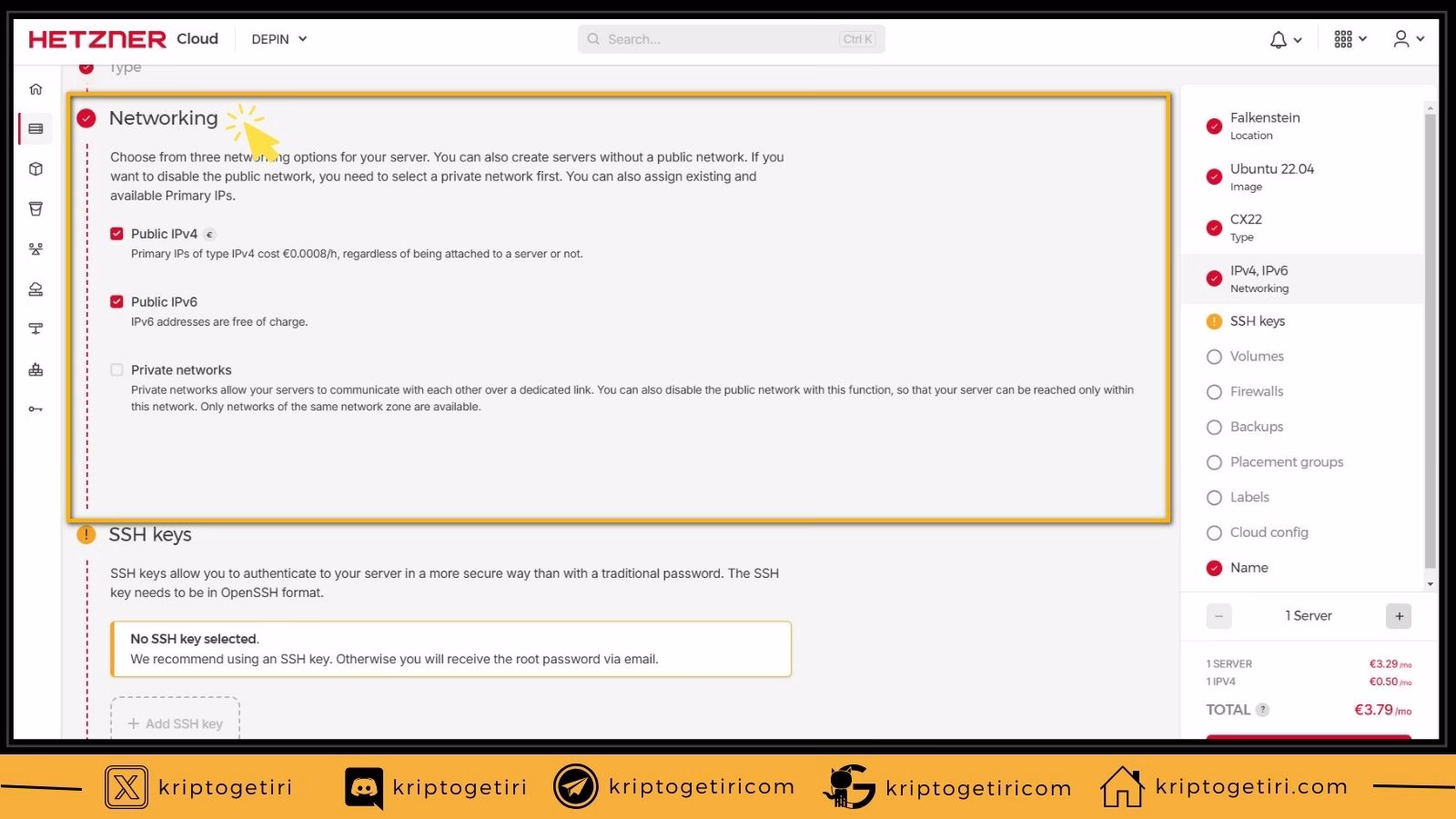 hetzner server oluşturma, networking