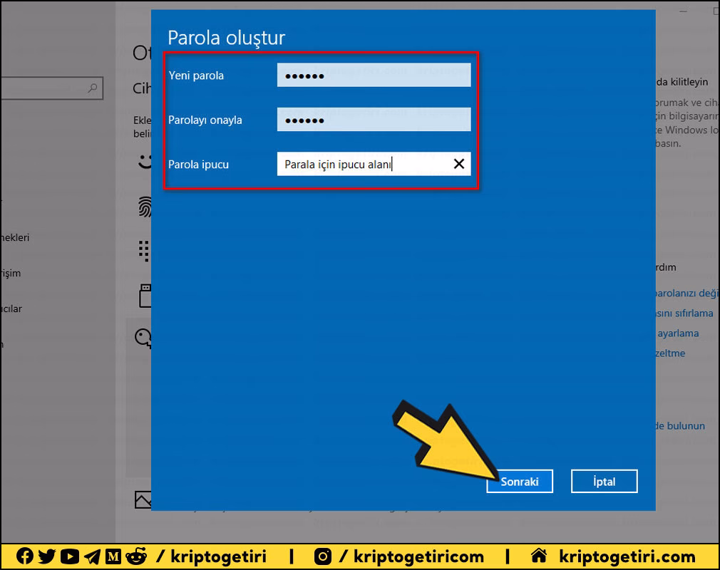 windows parola oluştur