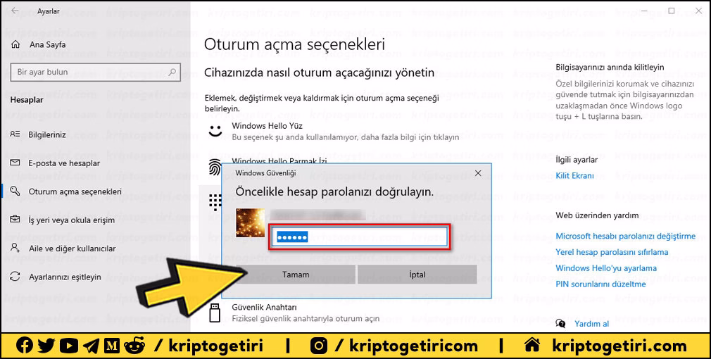 öncelikle hesap parolanızı doğrulayın