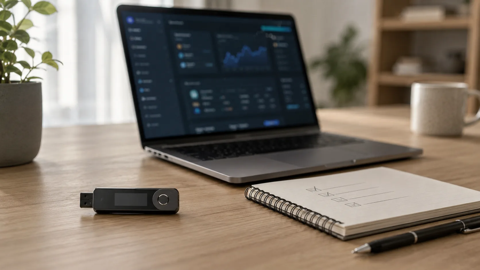 DeFi risk kontrolü için cüzdan ve not defteri bulunan masa