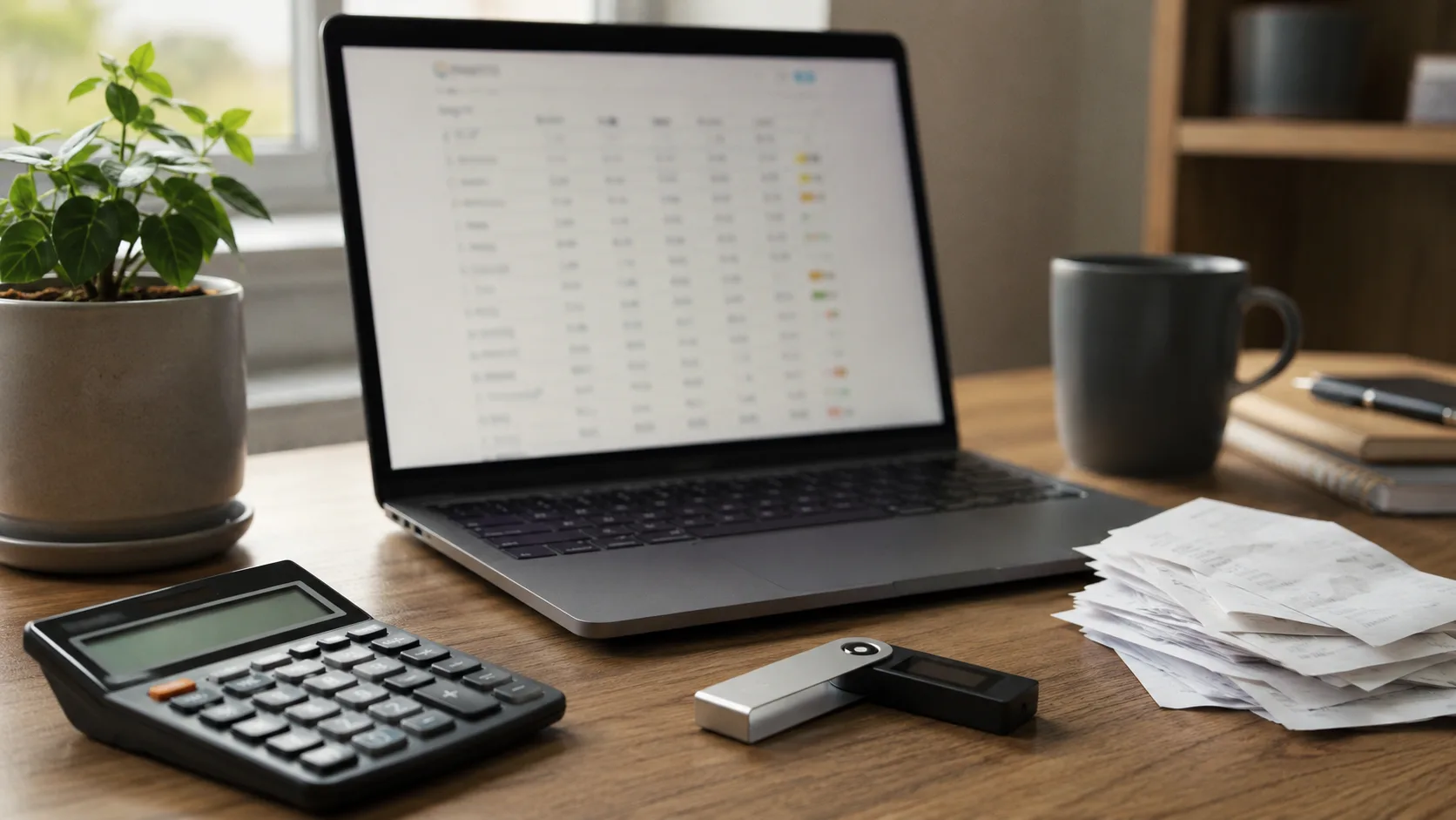 Kripto vergi kayıtları için dekont ve cüzdan notları bulunan çalışma masası