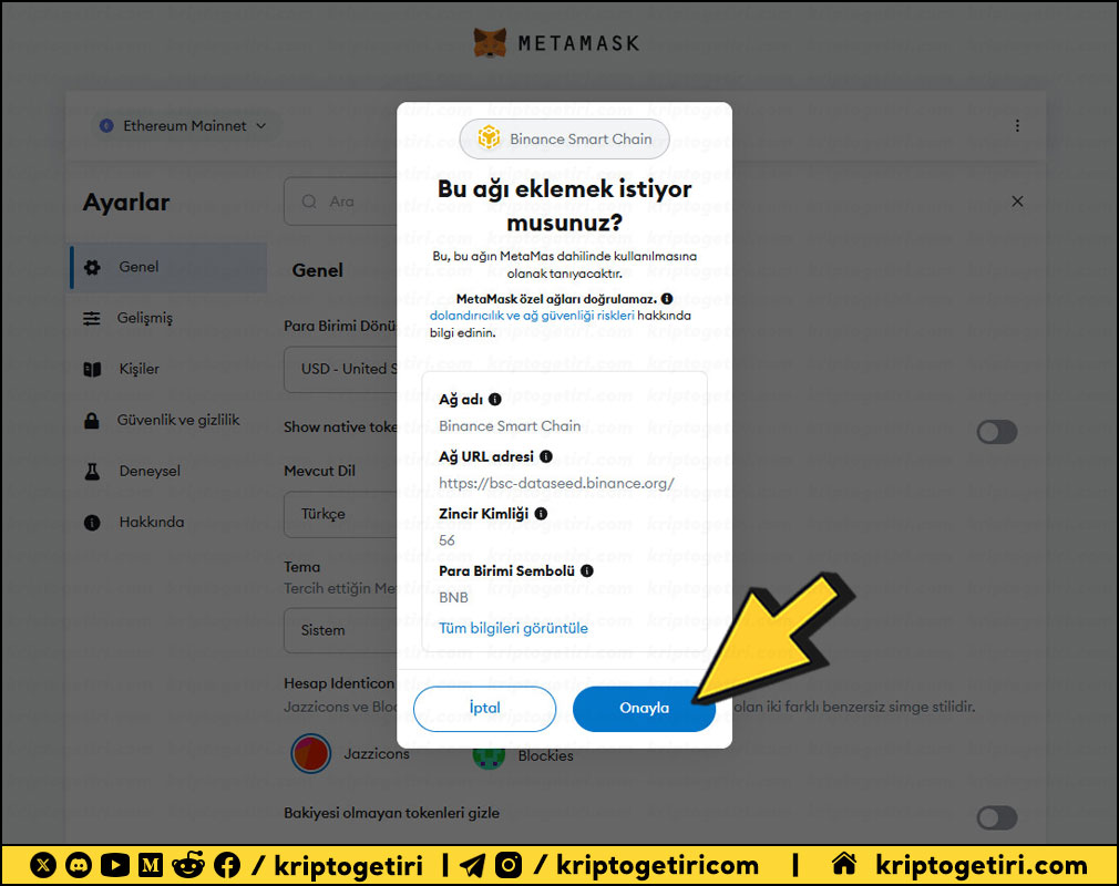 metamask bsc ağını ekleme