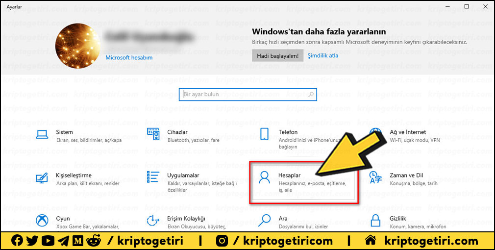 windows hesaplar