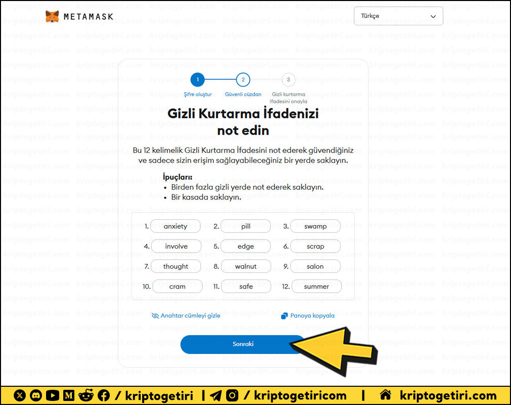 metamask Gizli Kurtarma İfadesini Göster