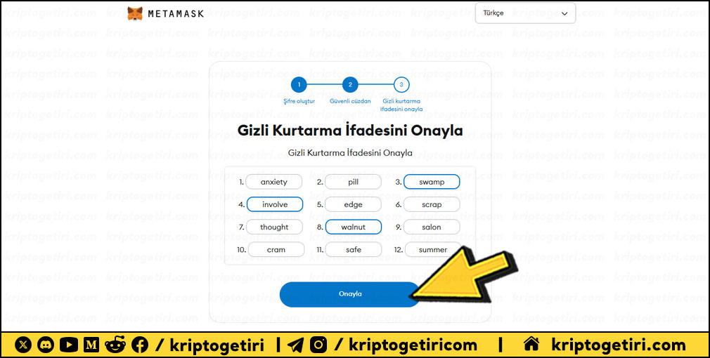 metamask Gizli Kurtarma İfadesi onayla