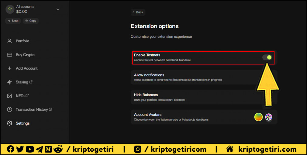 talisman testnet ağlarını göster