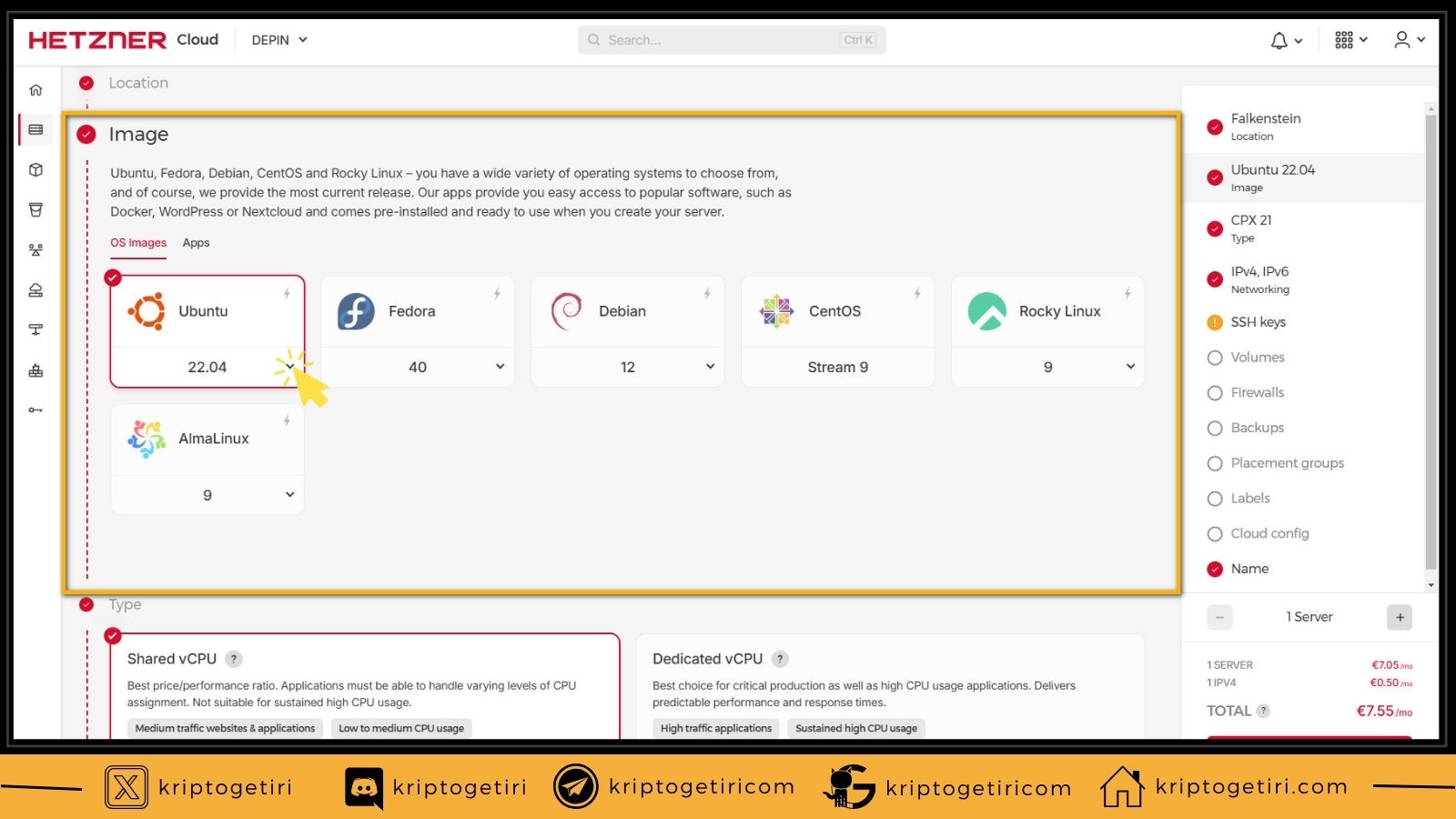 hetzner server oluşturma, image