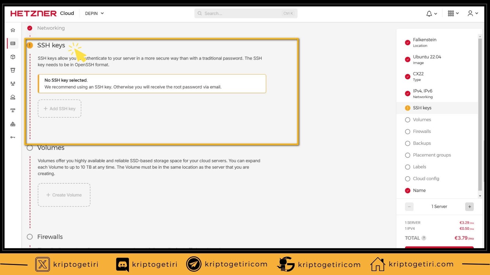 hetzner server oluşturma, ssh keys